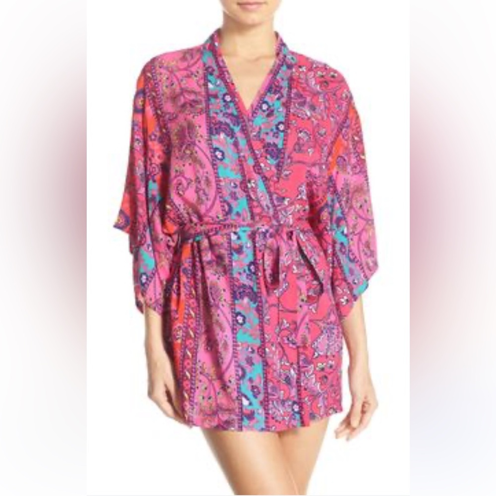 Josie Natorie Paisley Robe/Swim Cover Up with Attached Belt & Inner Toer. Size S